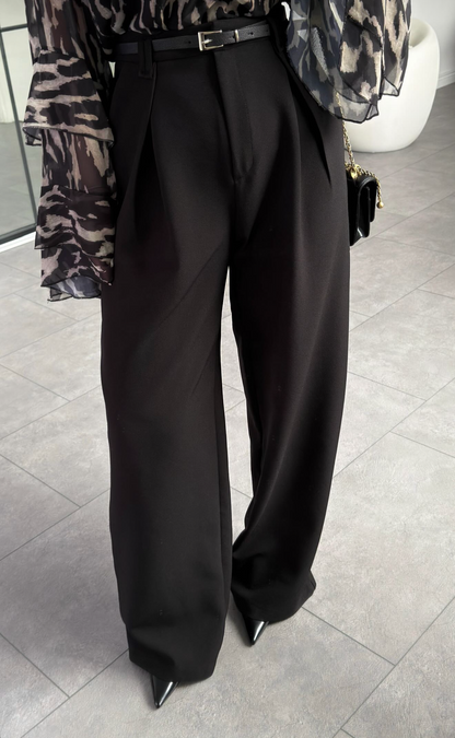 Belted Wide-Leg Pleated Pants