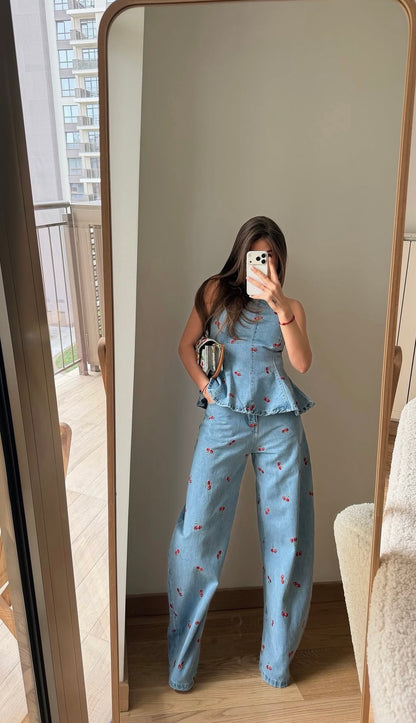Cherry Embroidered Denim