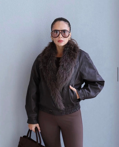 Fur-Trim Leather Bomber