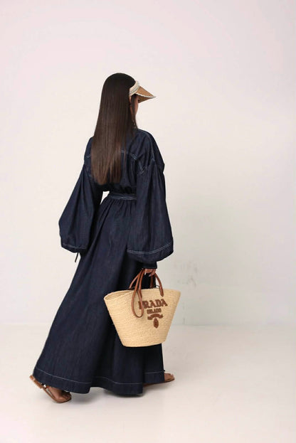 Denim Lantern-Sleeve Maxi