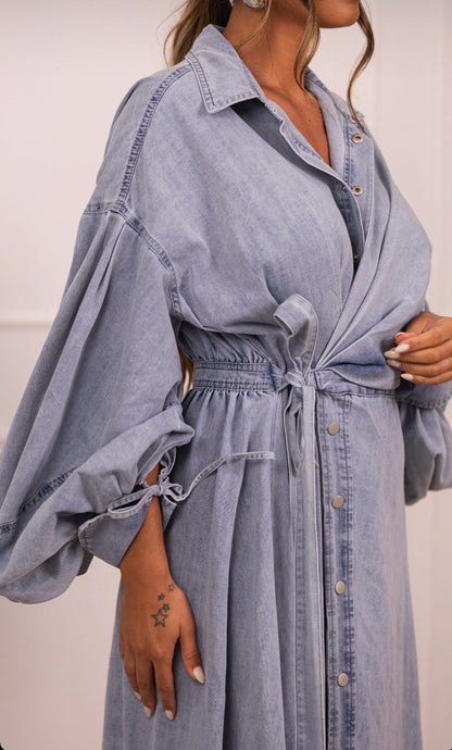 Denim Lantern-Sleeve Maxi