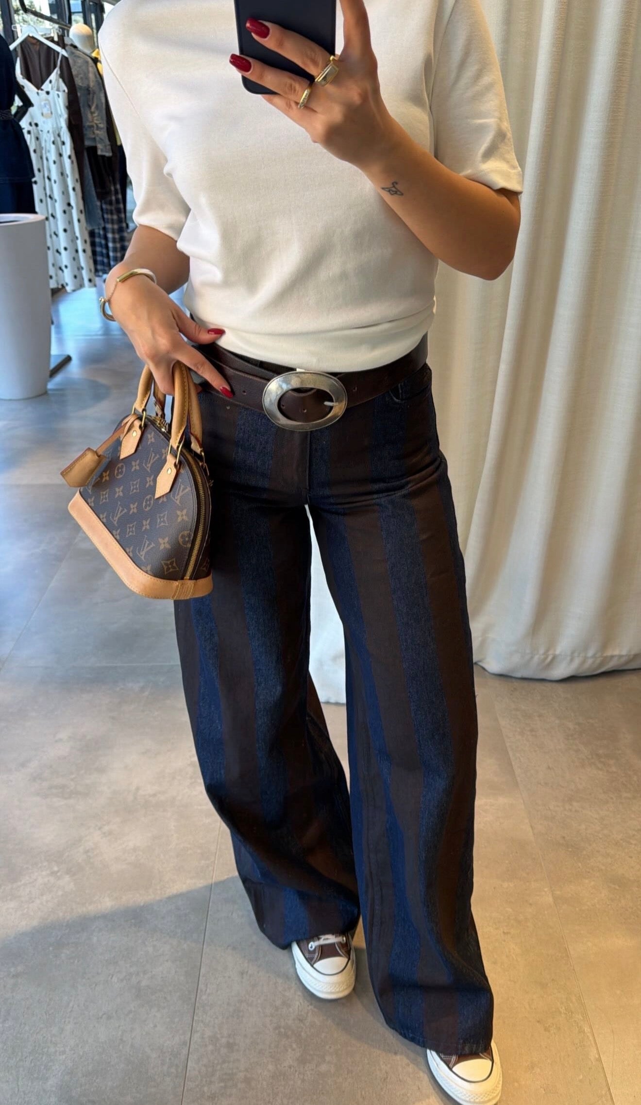 Two-Tone Striped Denim Pants