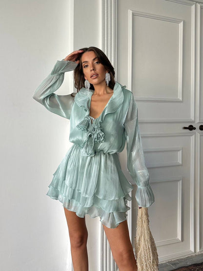 Ruffled Lace-Up Mini Dress