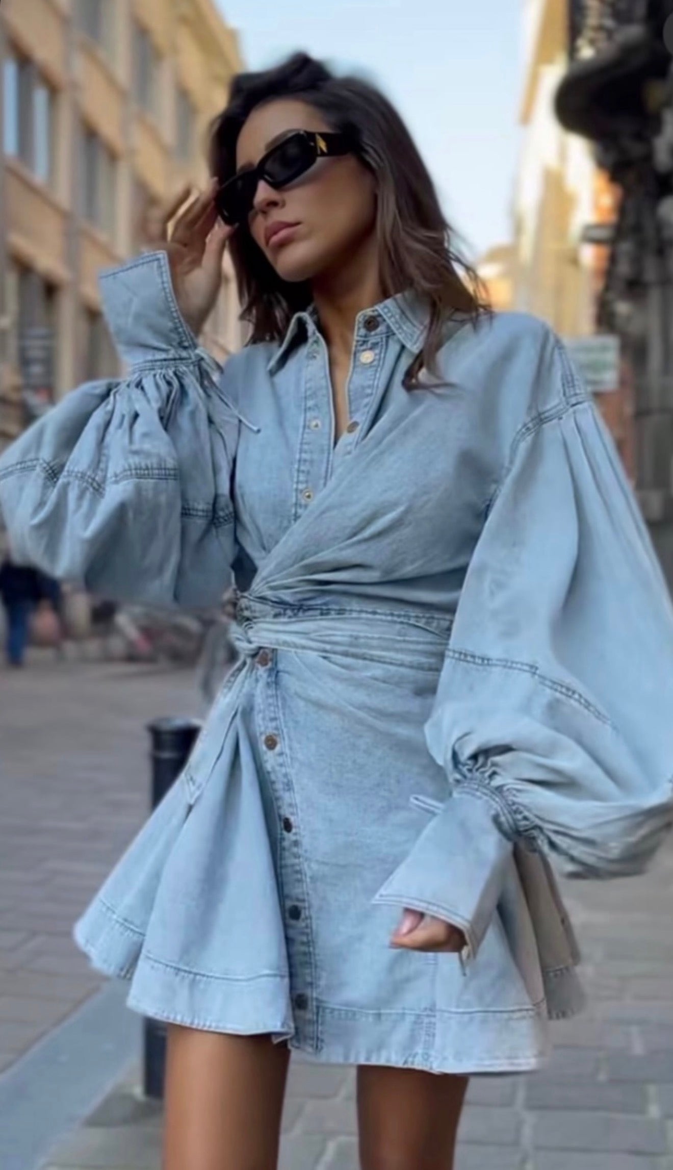Denim Lantern-Sleeve Mini