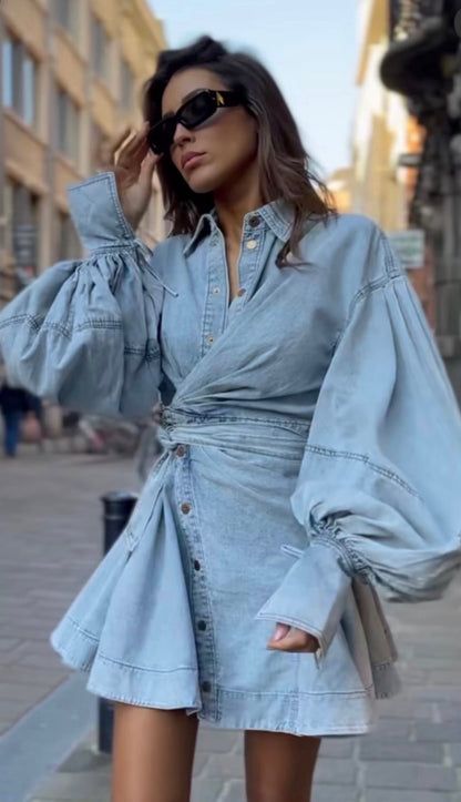 Denim Lantern-Sleeve Mini