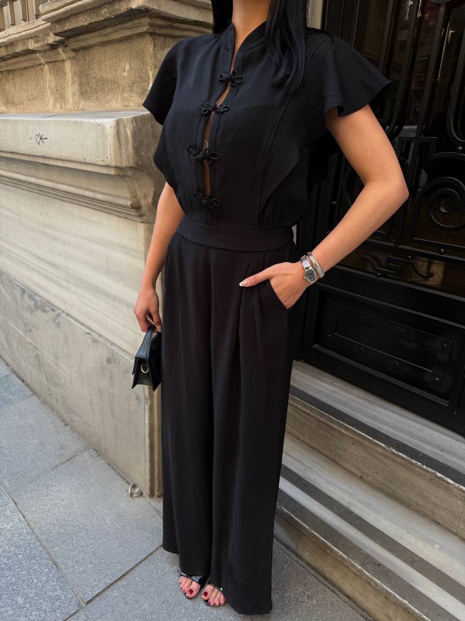 Black Mandarin Collar Jumpsuit