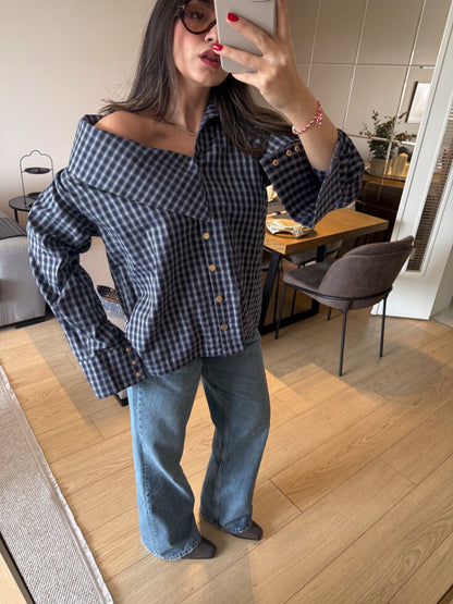 Off-Shoulder Plaid Blouse