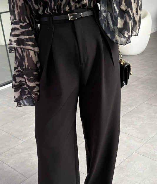 Belted Wide-Leg Pleated Pants