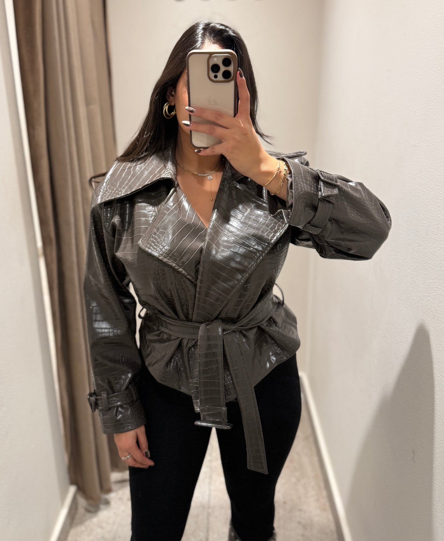 Belted Faux-Croc Jacket