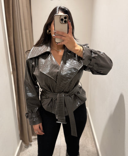 Belted Faux-Croc Jacket