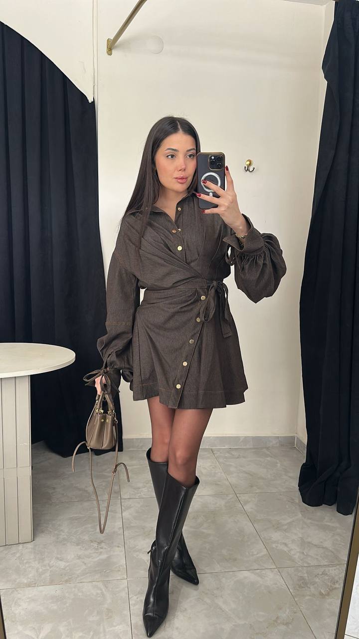 Brown Lantern-Sleeve Dress