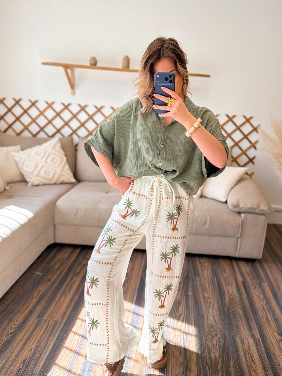 Palm Tree Embroidered Pants