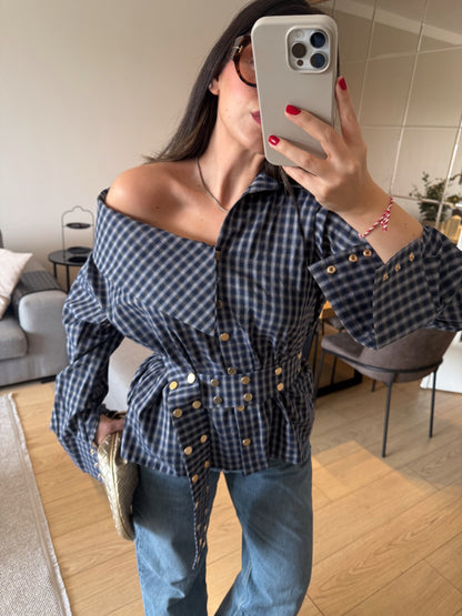 Off-Shoulder Plaid Blouse