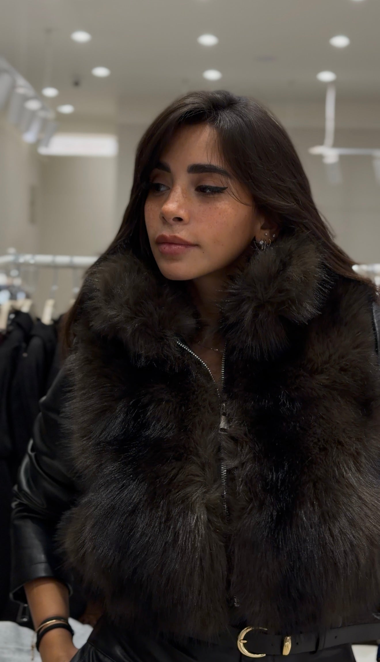 Cropped Fur-Trim Leather Jacket