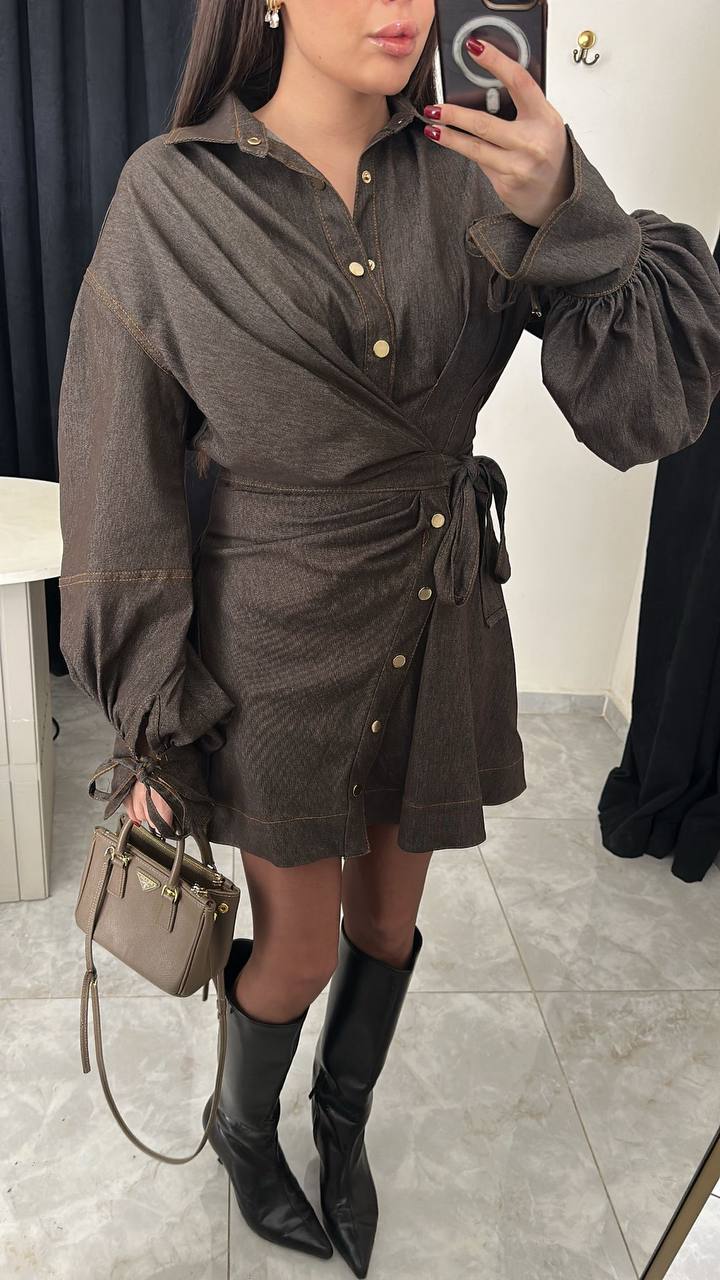 Brown Lantern-Sleeve Dress