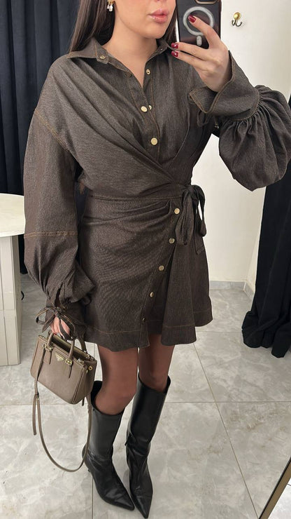 Brown Lantern-Sleeve Dress