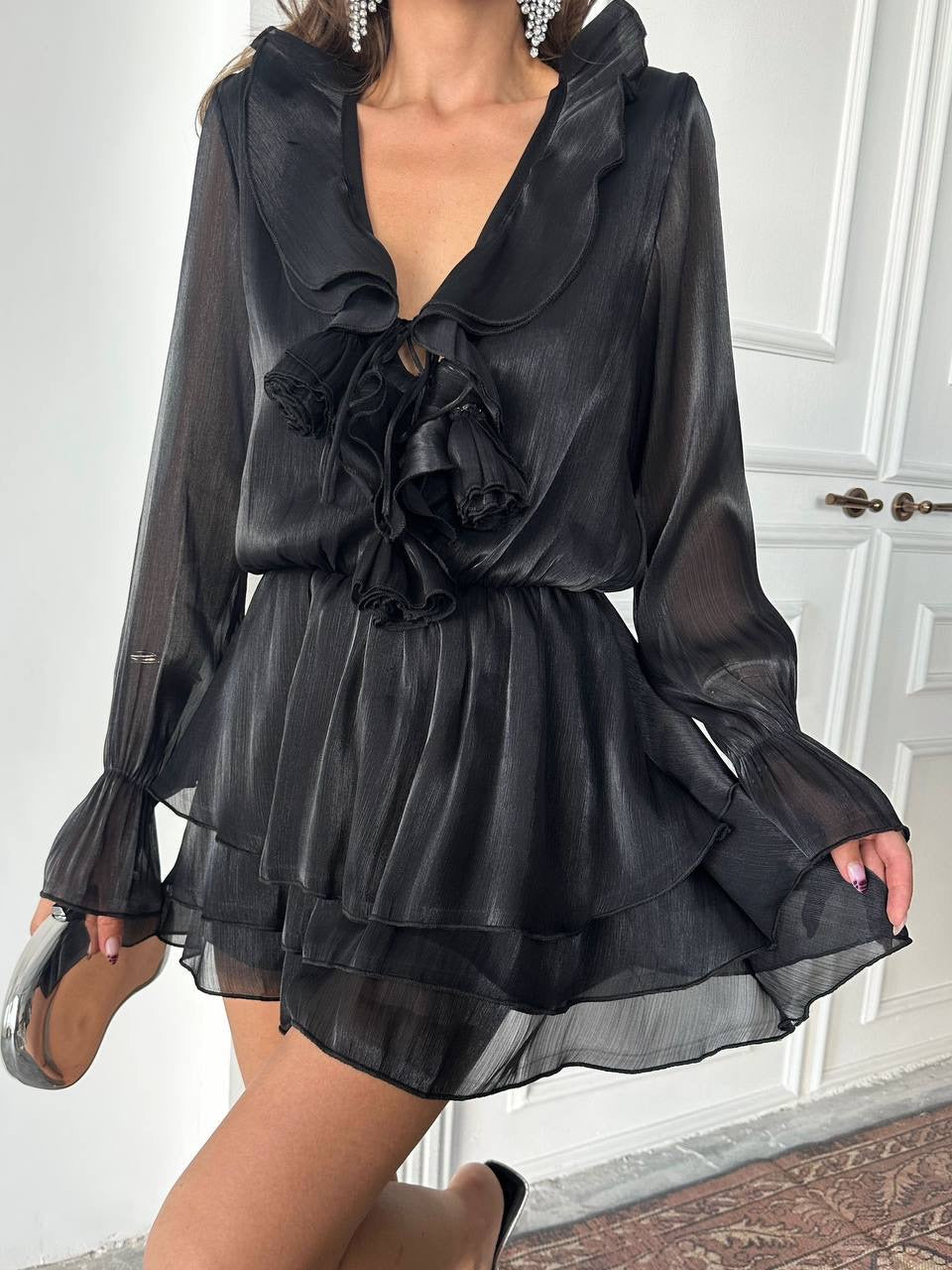 Ruffled Lace-Up Mini Dress