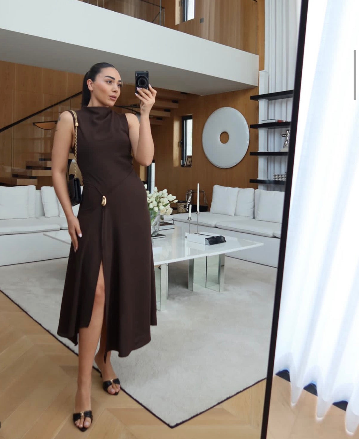 High-Neck Slit Midi Dress