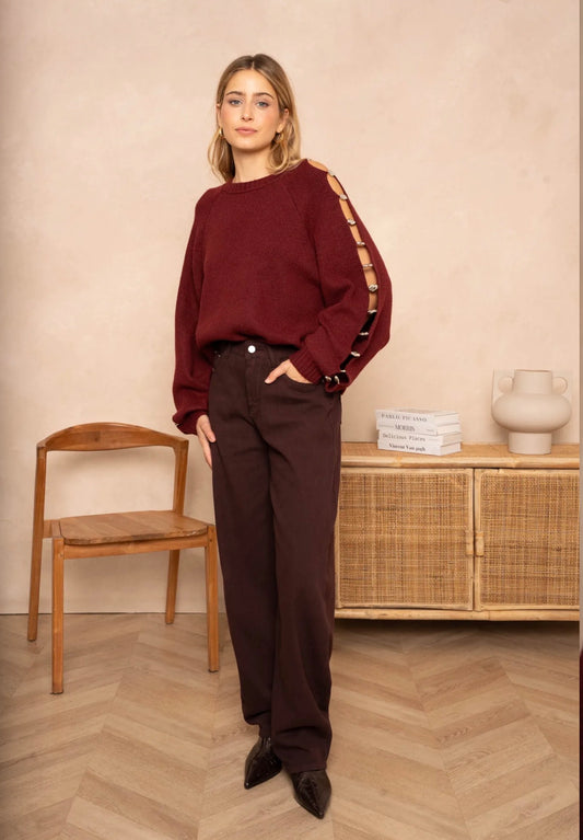 Buckle-Sleeve Knit Sweater