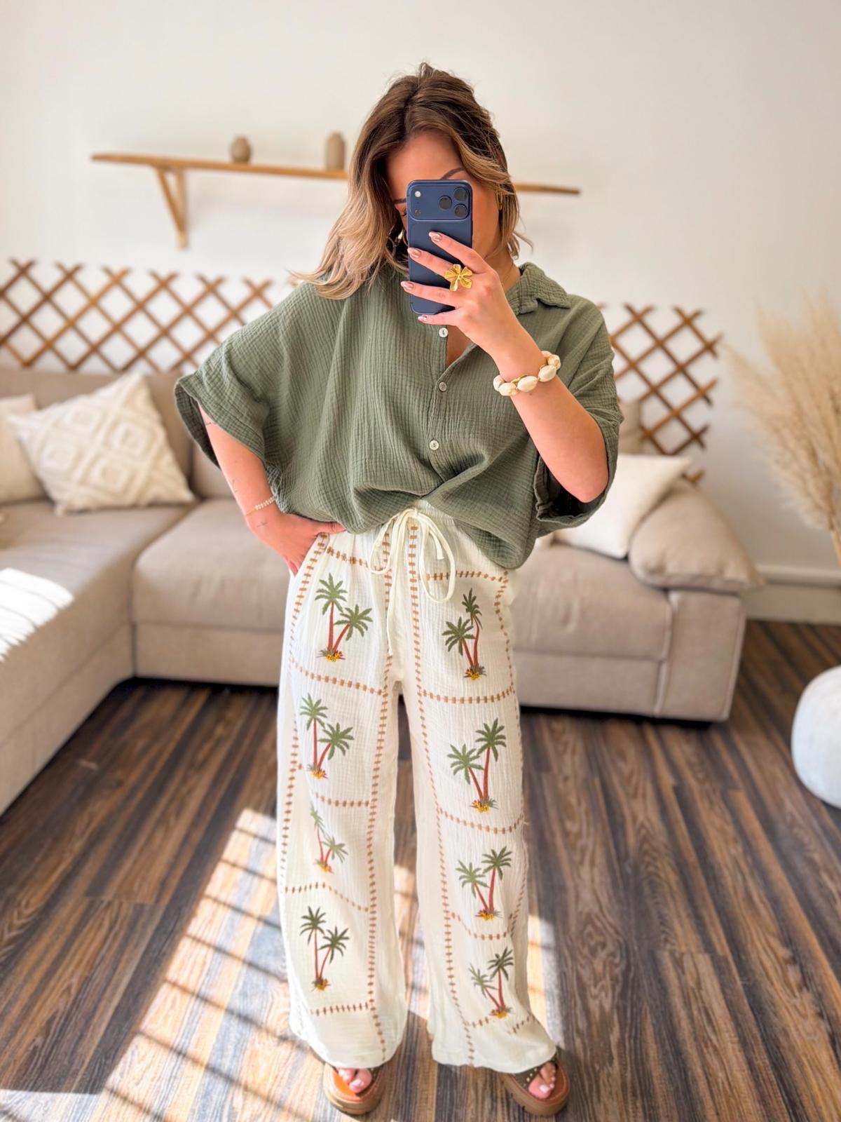 Palm Tree Embroidered Pants