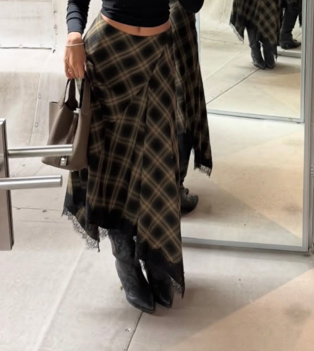 Plaid Lace-Hem Skirt