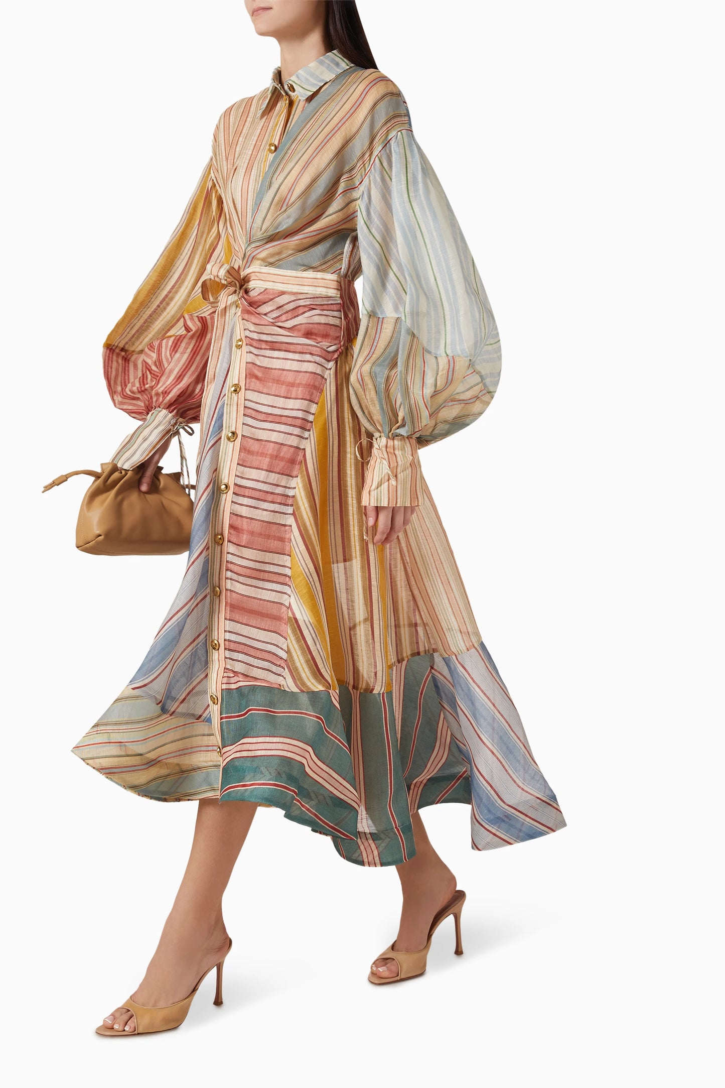 Striped Lantern-Sleeve Maxi