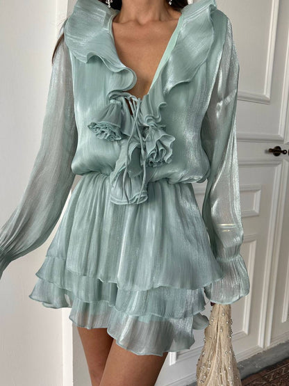Ruffled Lace-Up Mini Dress