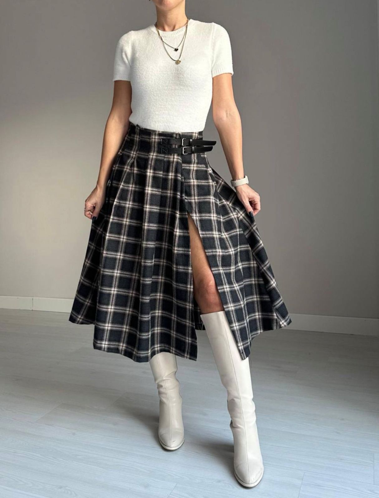 Checked midi skirt with slit