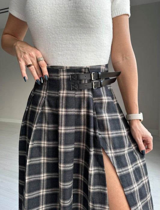 Checked midi skirt with slit