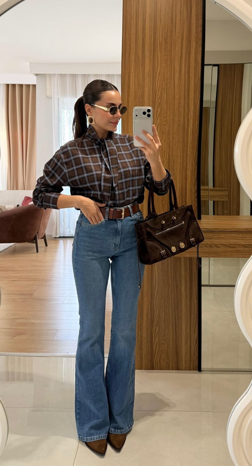 Checked Tie-Neck Shirt