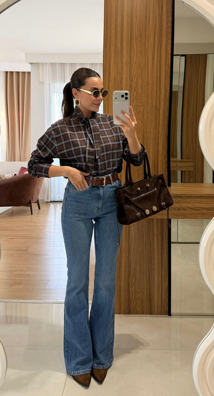 Checked Tie-Neck Shirt