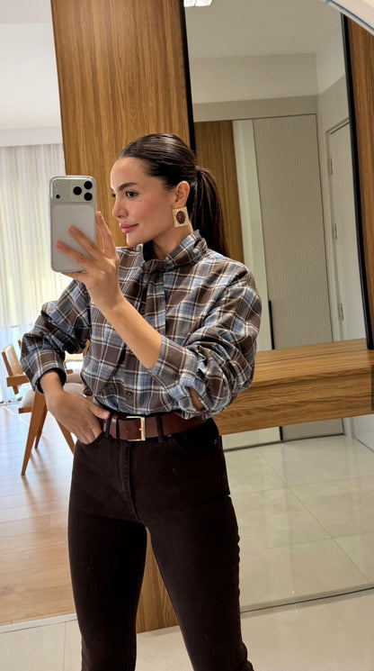 Checked Tie-Neck Shirt