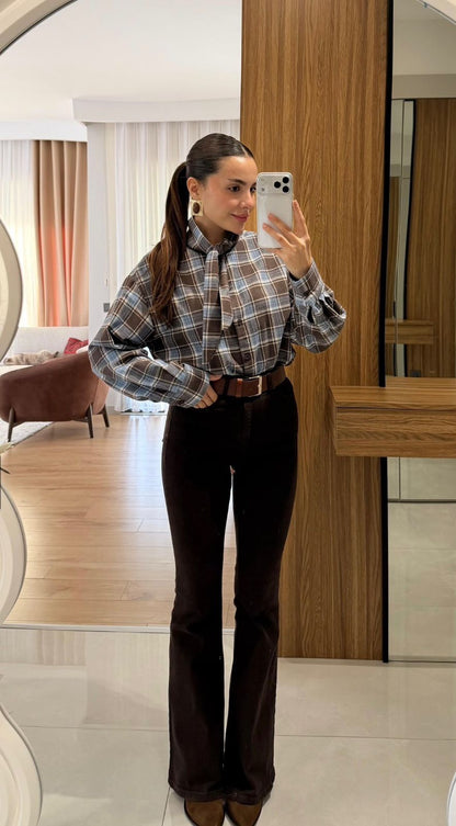 Checked Tie-Neck Shirt