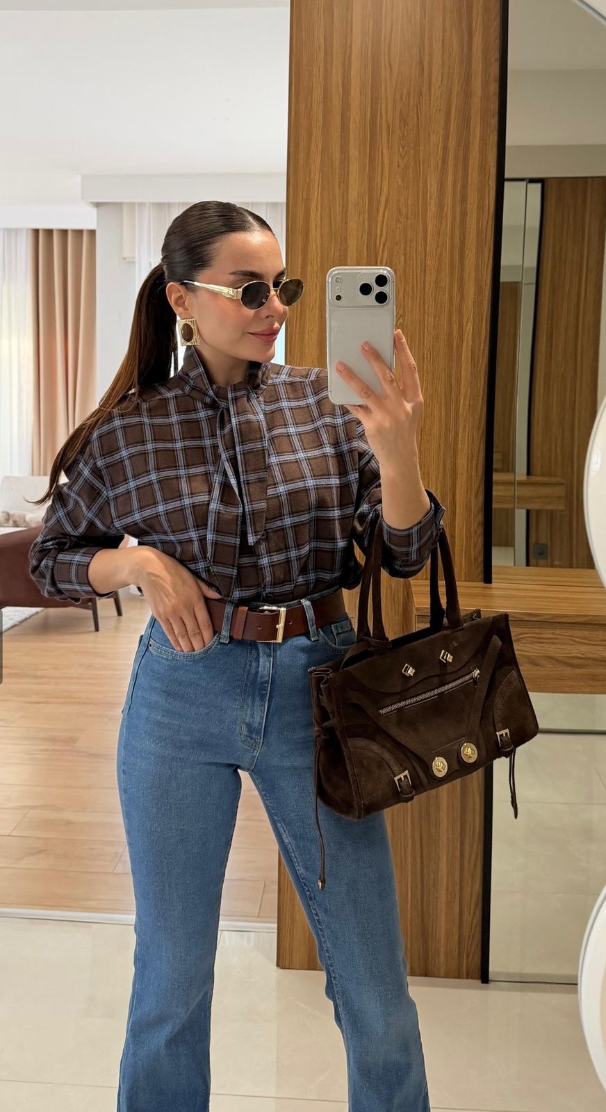 Checked Tie-Neck Shirt